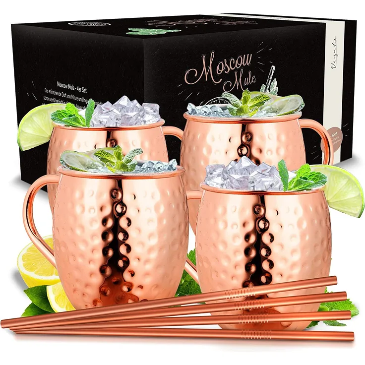 Vezato Cocktailglas 4 Moscow-Mule-Becher [500ml] – 4er Set Kupferbecher gehämmert -, Mit Strohhalmen, handgefertigt, rostfrei, für Cocktails