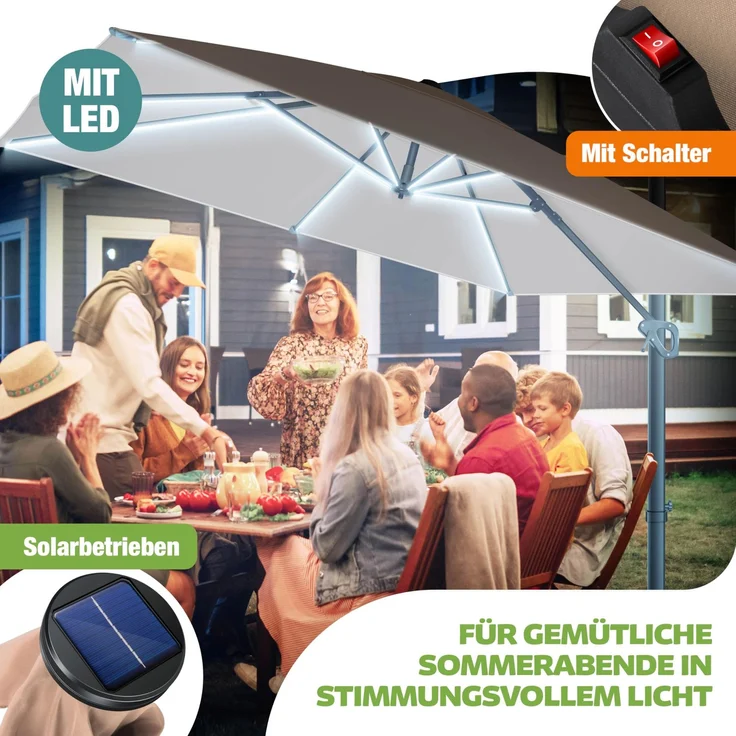 KESSER® Sonnenschirm Ampelschirm SUN XL 300 x 300 cm Inkl. Abdeckung +Windsicherung Drehbar Neigbar Kippbar Marktschirm Groß 360° Rotation, Gartenschirm mit Kurbel Sonnenschutz UV50+ Taupe, Mit LED – Bild 8