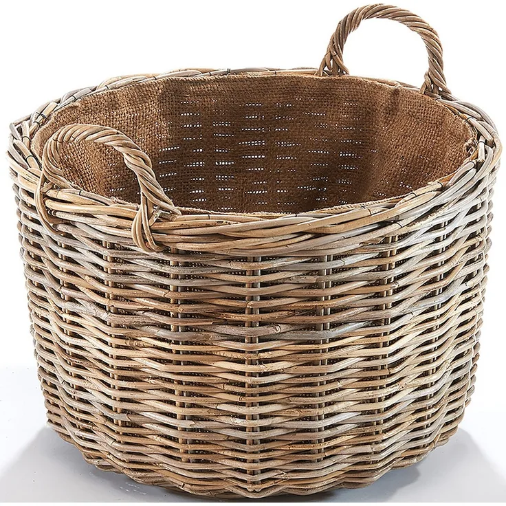 Kobolo Kaminholzkorb Holzkorb rund aus grauem Rattan mit Leinenstoff