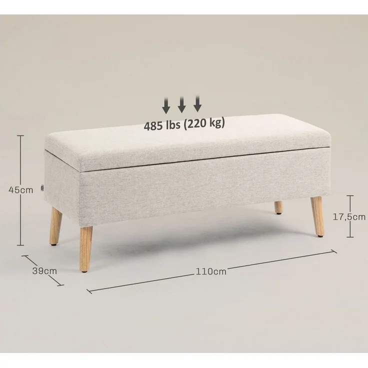 HOMCOM Sitzbank Bettbank mit Stauraum, Leinenoptik, 110 x 39 x 45 cm (Truhenbank, 1-St, Polsterbank), für Wohnzimmer, Schlafzimmer, Beige – Bild 3