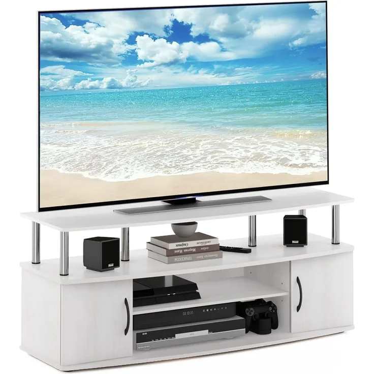 Furinno Jaya Großes Entertainment-Center für bis zu 55-Zoll-Fernseher, weiße Eiche, Edelstahlrohre
