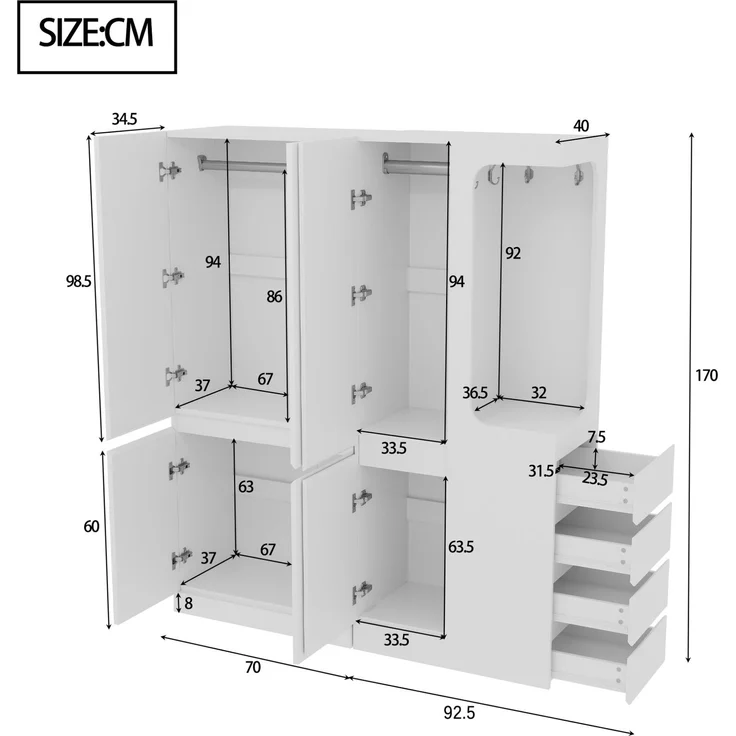 CHICFURN Kleiderschrank 140x170x40 cm aus Holz mit Schubladen und offenem Hängebereich – Weiß – Bild 9