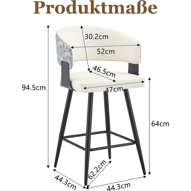 2er-Set Barhocker mit Rückenlehne, moderner Küchenhocker, Kunstleder Sitz, Metallgestell, stabile Fußstütze, ergonomisches Design, nur Stühle, ohne Tisch--Weiß1--47x46.5x94.5cm--YOUDENOVA – Bild 4
