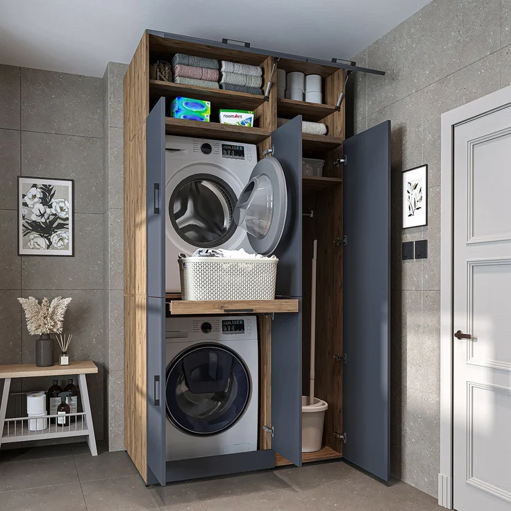 Roomart Waschmaschinenschrank - DORA-I- 115 cm breit - Wasch- & Trocknerschrank mit Türen & Ausziehbrett, Waschmaschinen-Überbau für Waschküche & Hauswirtschaftsraum • Anthrazit-Eiche – Bild 1