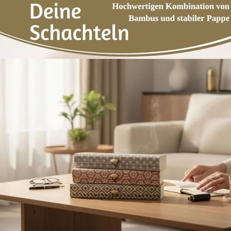 LS-LebenStil Aufbewahrungsbox Vintage Holz Schachtel 3´er Set Bambus mit Deckel Geschenkbox Box (Ikat länglich Geschenkbox schmale Schmuckschachtel, Schmuckschatulle, 3 St, Schmuckkästchen, Stiftebox, Federtasche Kästchen Kiste), Rechteckig – Bild 4