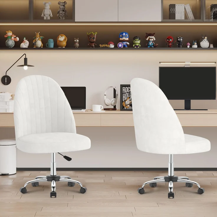 Botifly Bürostuhl ohne Armlehnen, Samt, Weiß, 8 cm Polsterung, 360° Drehbar – Bild 9