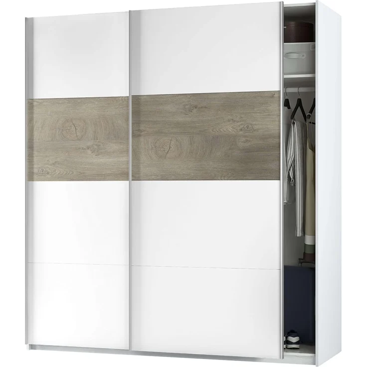 Habitdesign, Kleiderschrank– Schwebetürenschrank mit 2 Schiebetüren für Schlafzimmer, viel Stauraum in Arkit weiß und Alaska-Eiche, Maße: 180 x 200 x 60 cm (B x H x T), Modell Aikos – Bild 2