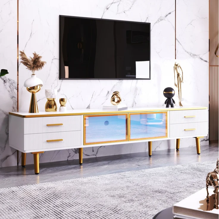 DESVIAE TV-Schrank mit LED-Beleuchtung und 4 Schubladen, 170x37x47,5 cm, Spanplatte, Weiß/Gold – Bild 1