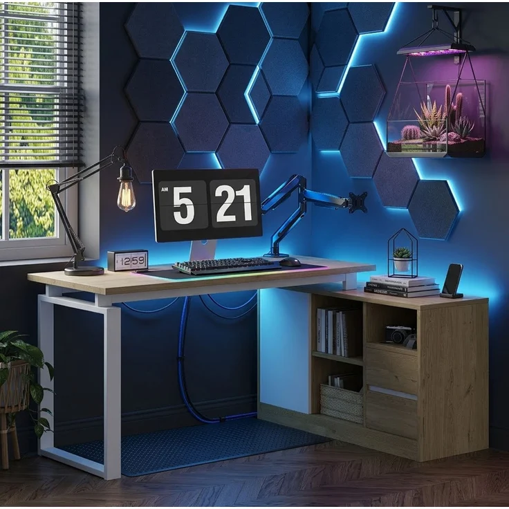 Eckschreibtisch mit Schubladen und Stauraum, 152x113,5x76 cm, Naturholzfarben/Weiß – Bild 2