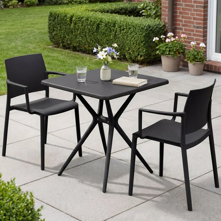 Gartenmöbel-Set FRIDA mit 2 Stühlen - 186 x 72 x 81 cm, Kunststoff, Schwarz | Balkonset Gartenset Tisch mit Stühlen Bistroset Outdoor – Bild 3
