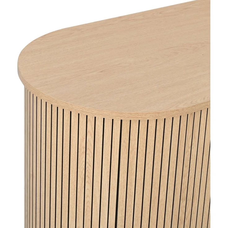 Merax Sideboard mit drei Schubladen mittig und Schiebetüren an den Seiten, gebogenes Design mit vertikaler Rillenverkleidung, Metallgriffe, Rohr-Eisenfüße, Aufbewahrungsschrank, Natur – Bild 7