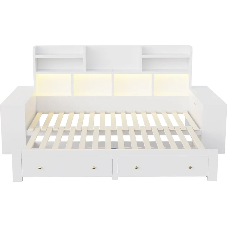 Abrihome Ausziehbares Schlafsofa aus Holz, Weiß, 90/180x200 cm, Stauraum, LED, Steckdose – Bild 5