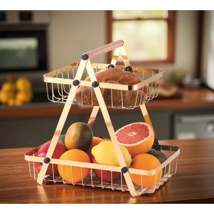 2-stöckige Etagere mit Griff, Obstkorb in Gold - Tragbar & Platzsparend – Bild 5