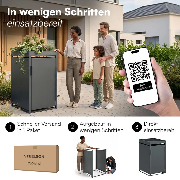 STEELSØN 'Thoria' Mülltonnenbox 1er je 120 Liter, anthrazit, Mülltonnenverkleidung aus Stahl, wetterfest, 111x62x60,5 cm, Müllbox mit Pflanzendach für 1 Tonne – Bild 8