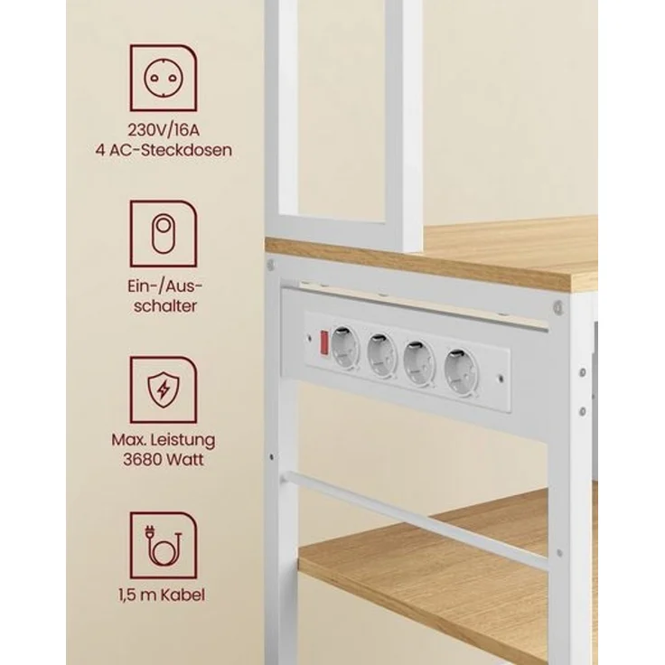 VASAGLE Küchenregal mit Steckdosen, Standregal, Mikrowellen-Regal, verstellbare Ablagen, Stoffschublade, 12 Haken, 40 x 100 x 180,4 cm, für Mikrowellen, Küche – Bild 5