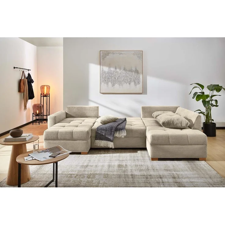 Wohnlandschaft U-Form Sofa groß Schlaffunktion Couch Bettkasten Cord Beige Grau – Bild 5