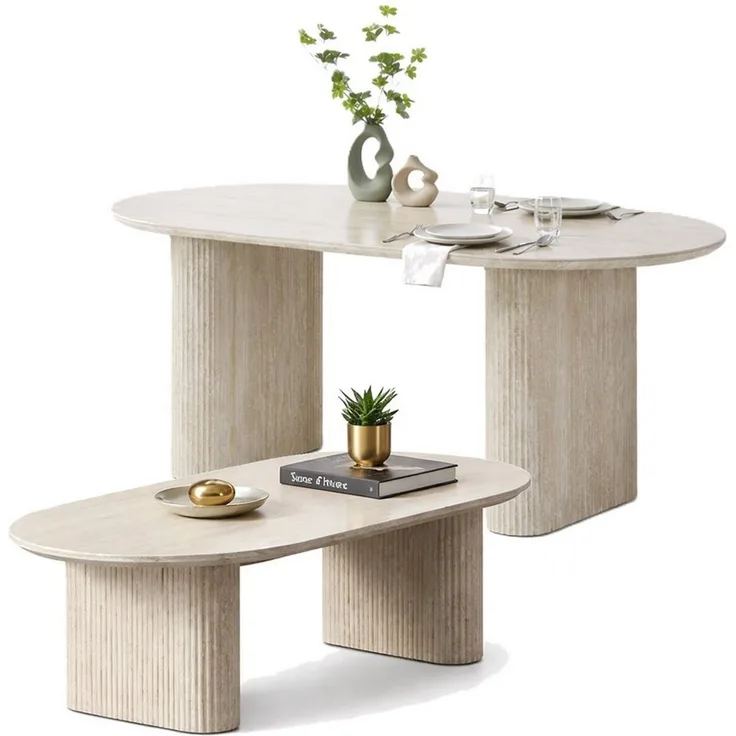 HOOZ Wohnzimmertisch Couchtisch & Esstisch oval Keramik Traventin-Optik 130x70cm/180x90cm (Set, 1× Esstisch, 1× Couchtisch), Keramik-Tischplatte, verschiedene Varianten, pflegeleicht & stabil