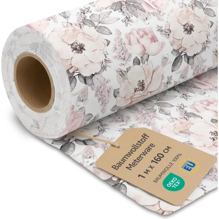 Stoff Meterware Baumwollstoff 1 M x 160 cm - Stoffe zum nähen aus reine baumwolle fabric futterstoff dekostoff für patchwork canvas und sewing nähstoff Oeko-Tex Wilde Rose