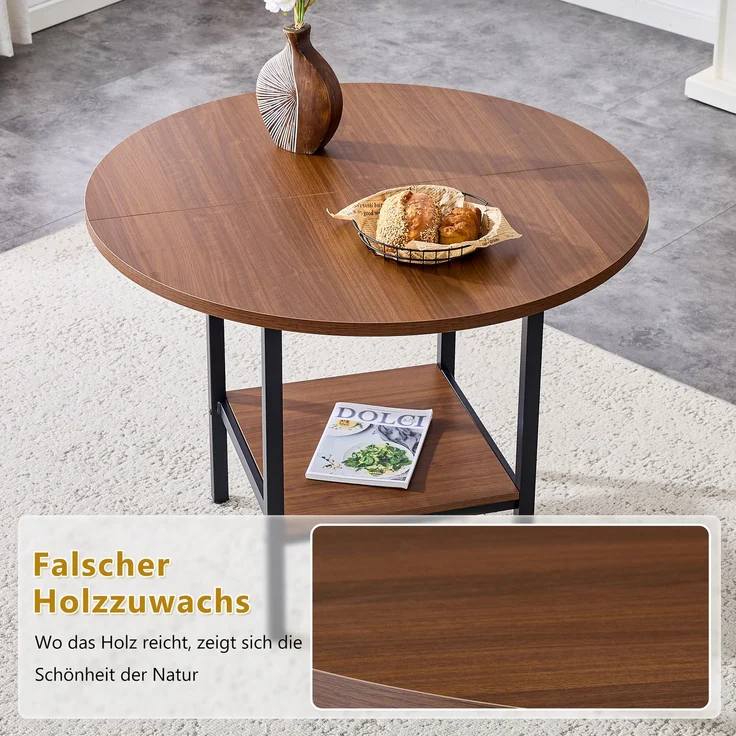 Esstisch rund 100x100x77 cm mit Stauraumablage, Walnuss-Optik und schwarzem Metallgestell – Bild 8