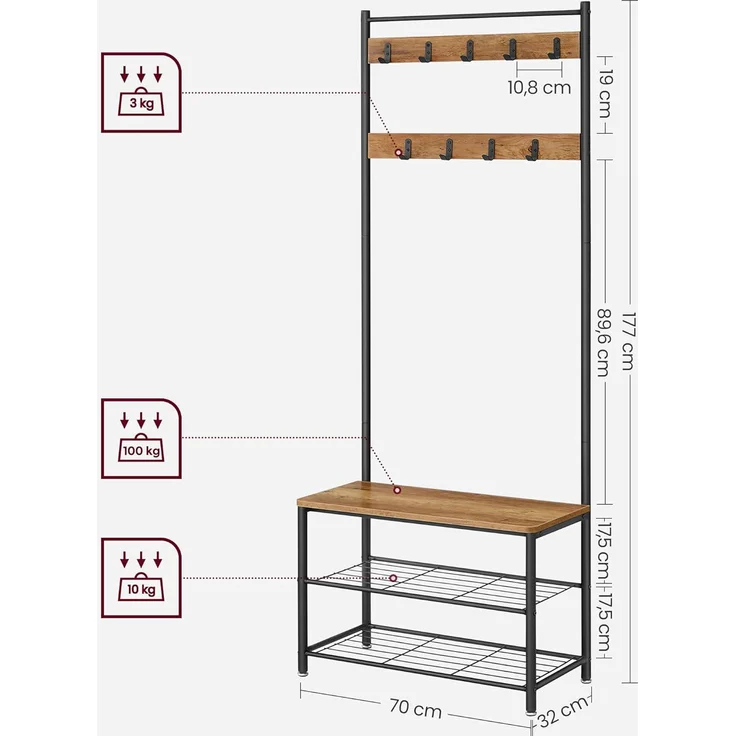 Vasagle Garderobenständer, Kleiderständer mit Schuhablagen, Schuhregal mit Sitzfläche, für Flur, mit Haken, 3 Ablagen, aus Metall, Höhe 175 cm, Industrie-Design, walnussbraun-schwarz HSR041B41 – Bild 6