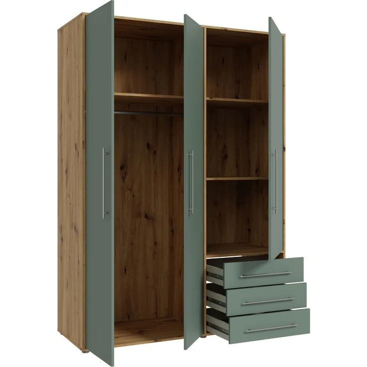 Forte MOKKARIS Kleiderschrank 140 150, 3-türig, 2 Schubladen, Einglegeböden, Kleiderstange, Holzwerkstoff, Sonoma Eiche Holzdekor / Salbei, 144,4 cm breit x 200,1 cm hoch x 52,7 cm tief – Bild 5