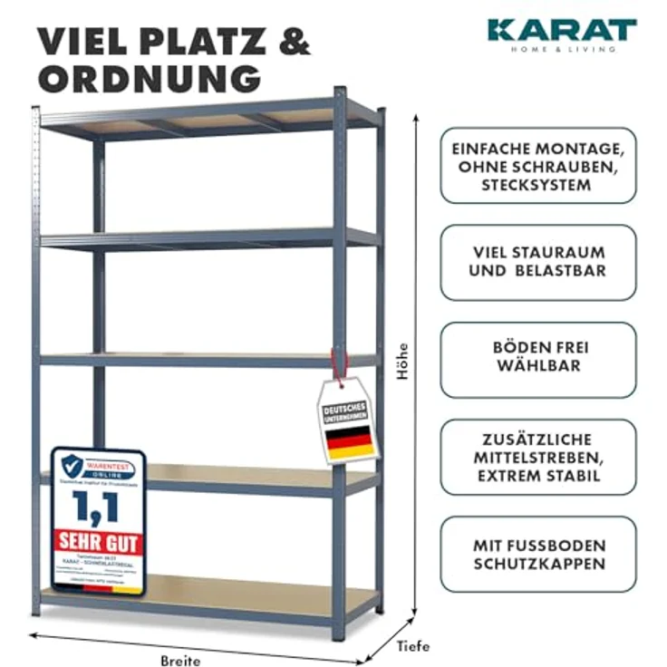 KARAT Schwerlastregal, 2er Set, 30 x 75 x 150 cm Steckregal, Kellerregal, Lagerregal - TÜV/GS-geprüft - 5 verstellbare Böden (Grau) – Bild 3