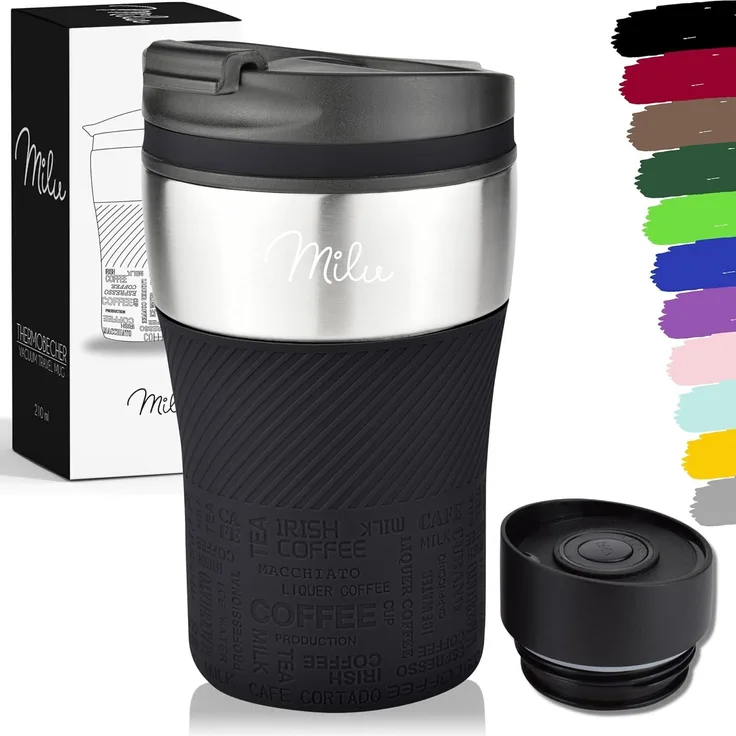 Milu Thermobecher Kaffee to go, 210ml Kaffeebecher, Trinkbecher aus Edelstahl, schwarz