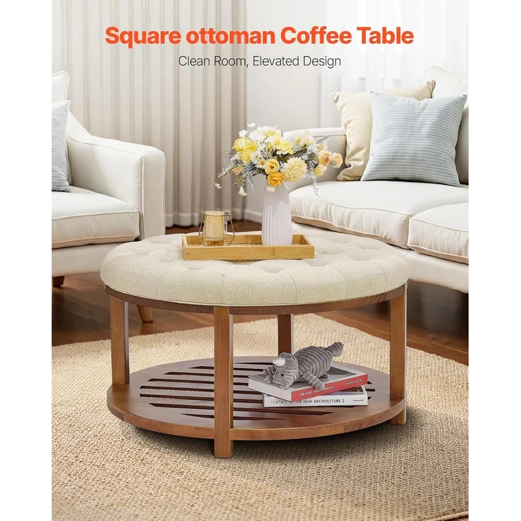 VEVOR runder großer Couchtisch (810 x 810 x 476 mm) mit Ablagefläche aus Massivholz, massiv gepolsterte Ottomane mit Fußstütze aus Leinen für Schlafzimmer Wohnzimmer, 158,76 kg, Leinenfarbe – Bild 4