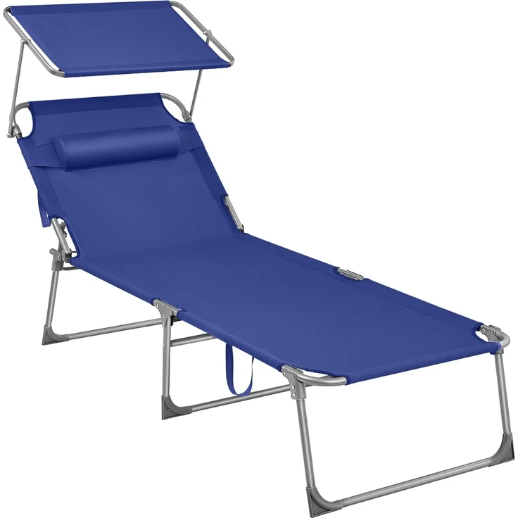 SONGMICS Große Sonnenliege, klappbarer Liegestuhl, 71 x 200 x 38 cm, Belastbarkeit 150 kg, mit Sonnenschutz, Kopfstütze und Verstellbarer Rückenlehne, für Garten Pool Terrasse, dunkelblau GCB22BUV2 – Bild 1