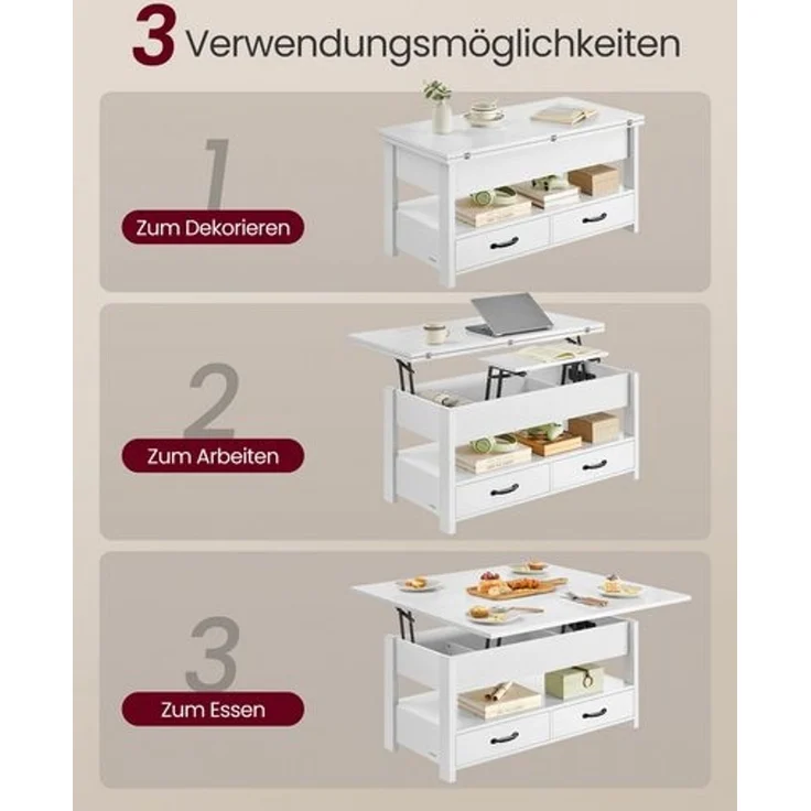 VASAGLE Couchtisch, Wohnzimmertisch, Gaszylinder, höhenverstellbar, viel Stauraum, Kaffeetisch, für Wohnzimmer, weiß – Bild 4