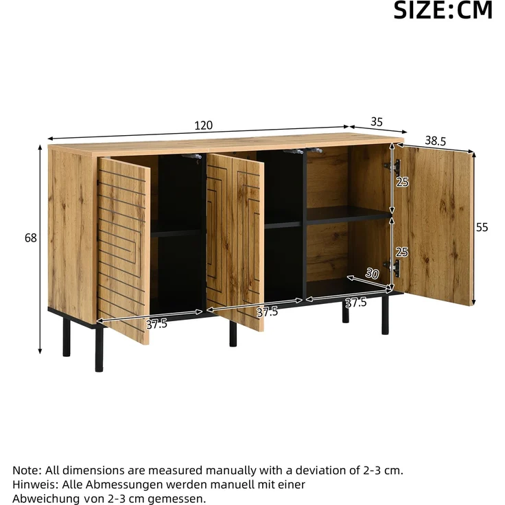 Merax Sideboard mit Wellenmuster, 3 Türen mit Rückprallmechanismus, MDF Aufbewahrungsschrank, Küchenschrank, Aufbewahrungsschrank, Holzfarbe – Bild 4