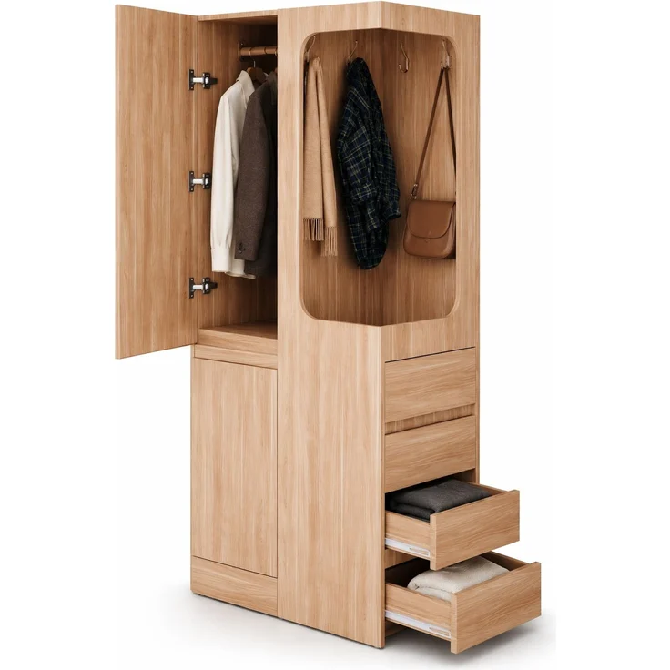 CHICFURN Kleiderschrank 70x170x40 cm aus Holz mit 4 Schubladen und offenem Hängefach Naturholz – Bild 7