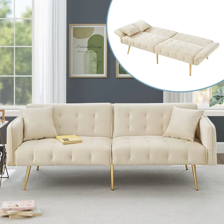 Sofabett 2-in-1 Samt,Zweisitzer mit verstellbarer Rückenlehne & Armlehnen, zum Gästebet,Beige