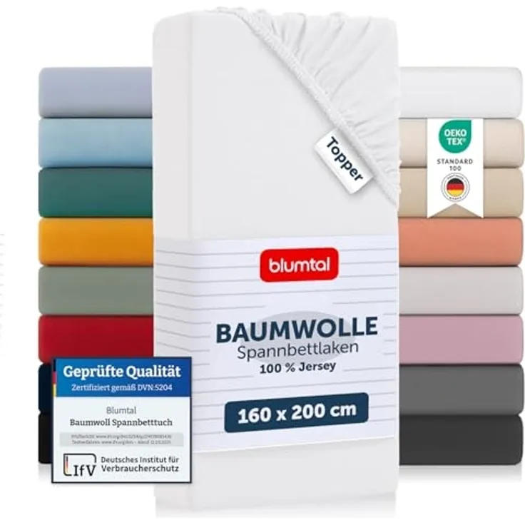 Blumtal® Spannbettlaken für Topper 160x200 cm Basics Jersey - Bettlaken 160x200 cm aus 100% Baumwolle - Oeko-TEX zertifiziertes Spannbetttuch 160x200 - Topper Spannleintuch 160x200 - Betttuch - Weiß