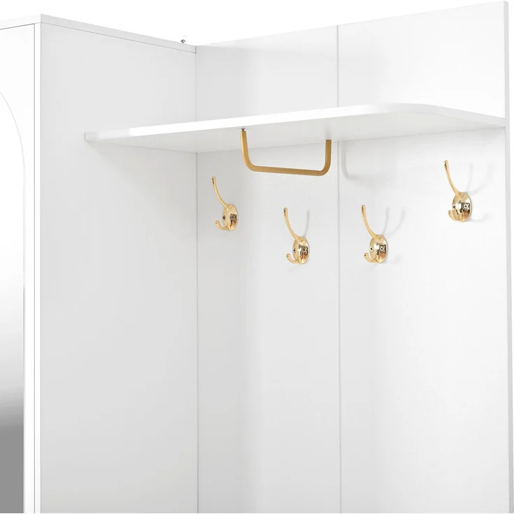 Flieks Garderoben-Set 100 x 35 x 175.5 cm mit Rundbogenspiegel, Türen, Schubladen und goldfarbenen Haken, Weiß – Bild 7