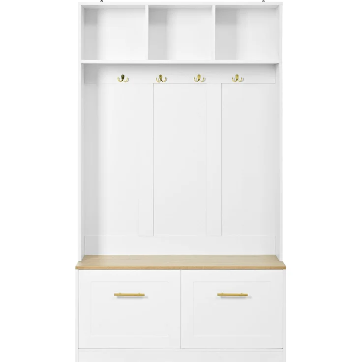 Garderobenset mit Sitzbank, offenem Stauraum und 2 Türen – Kompaktgarderobe mit 4 Haken, in Natur & Weiß, Maße 105 × 40 × 180 cm--Natur + Weiß--105x40x180cm--YOUDENOVA – Bild 8