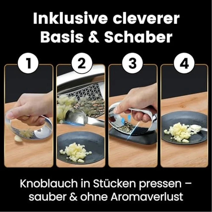 Knoblauchpresse (Wippe) aus Edelstahl mit Auswurf-Basis + Schaber-Löffel – Bild 3
