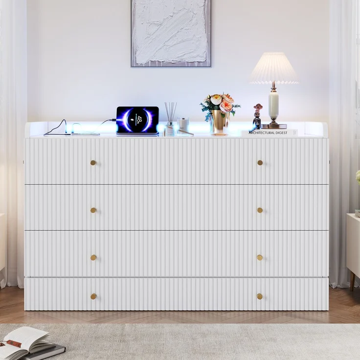ZUBALIYA Umbaubares Plattformbett / Schrankbett, mit USB und Steckdose und Hochglanzplatte, 140 x 200 cm, Weiß, fürs Schlafzimmer, mit Schubladen, mit Stauraum, mit LED, Samt – Bild 7