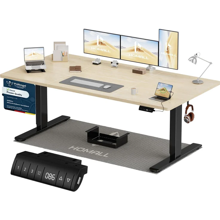 Homall Höhenverstellbarer Schreibtisch 180x80 cm mit USB-A Ladeanschluss, Elektrischer Schreibtisch mit Kabel Management Tray, Standing Desk mit 3 Memory Funktion, Computertisch Beige+Schwarz
