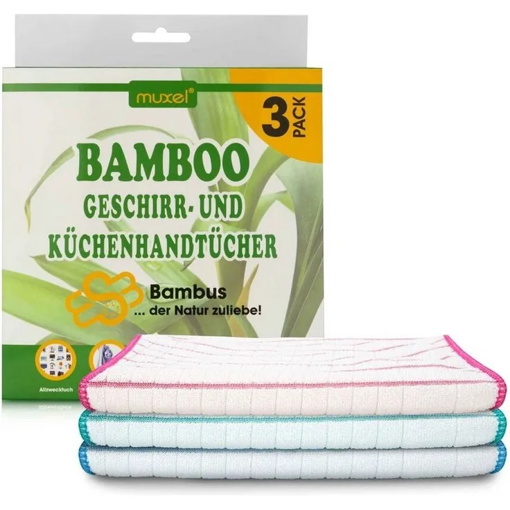 Muxel Geschirrtuch MUXEL Bambus Tücher - 3x Bambus Geschirrtücher - Extra saugfähiges, (Spar-Set, 3-tlg), kochfest