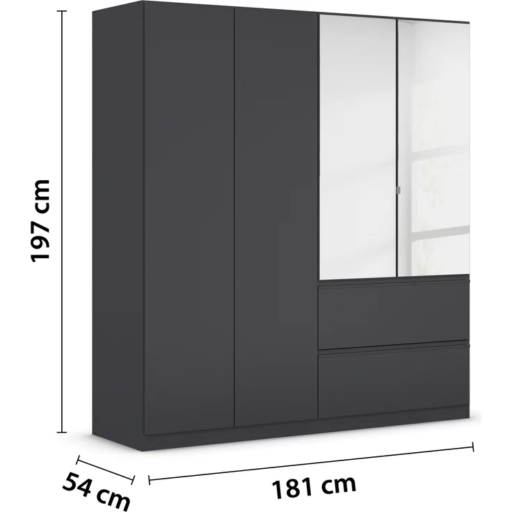 rauch Kleiderschrank, Drehtürenschrank COSTA, 4-türig, 2 Spiegeltüren, 2 Schubkästen, push-to-open, Grau metallic, 181 x 197 x 54 cm – Bild 4