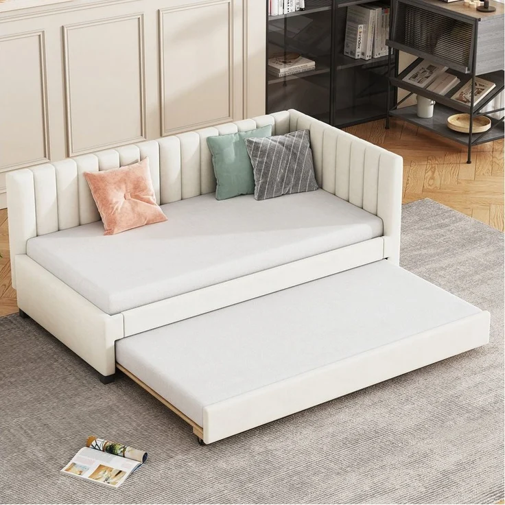 Odikalo Ausziehbett Schlafsofa Polsterbett Jugendbett Lattenrost 90/140x200 cm Grau/Beige – Bild 5