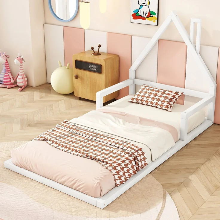 Kinderbett 90x200 cm in Hausform, Weiß,stabiles Flachbett mit 7 Lattenrosten, modernes Hausbett,leicht zu montieren und pflegeleicht – Bild 1