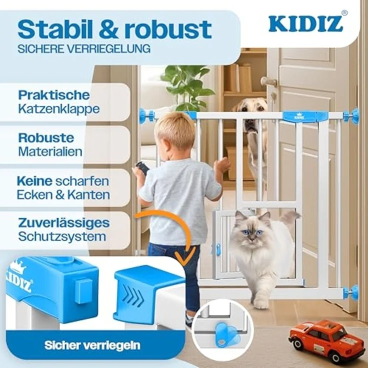 KIDIZ® Absperrgitter zum Klemmen mit Katzenklappe, Türschutzgitter, Autoclose Kinder Treppengitter ohne Bohren | 90° Stopp Schutz, schwenkbar, Treppenschutzgitter Blau, 88 - 94 cm – Bild 6