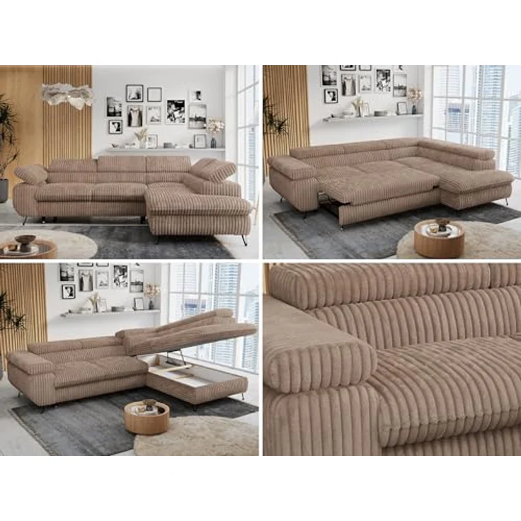 Mks Möbel 'Peter L-form' Ecksofa mit Bettfunktion, Bettkasten & einstellbaren Kopfstützen, Braun, Cord, rechts – Bild 2