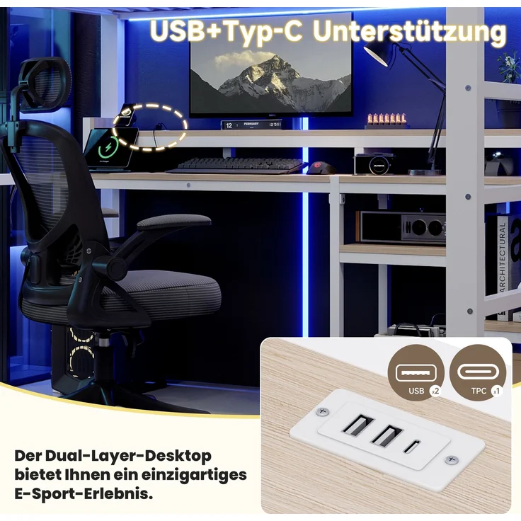 EINHOM Hochbett, 140 x 200 cm, Metallbettgestell, Leiterschrank, Ablagefach, USB + Typ-C, LED-Lichtleiste, Weiß (Ohne Matratze) – Bild 5