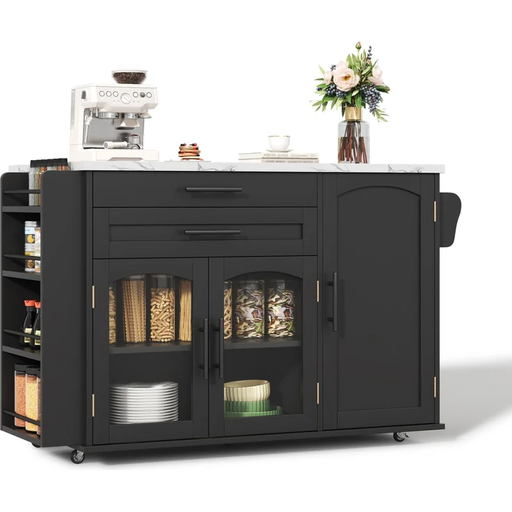Merax 138cm Mobiler Kücheninsel mit klappbarem Arbeitsbereich, Küchenwagen, 5 Rädern, mehreren Aufbewahrungslösungen, Gewürzregal, Besteckschublade, Schwarz – Bild 10