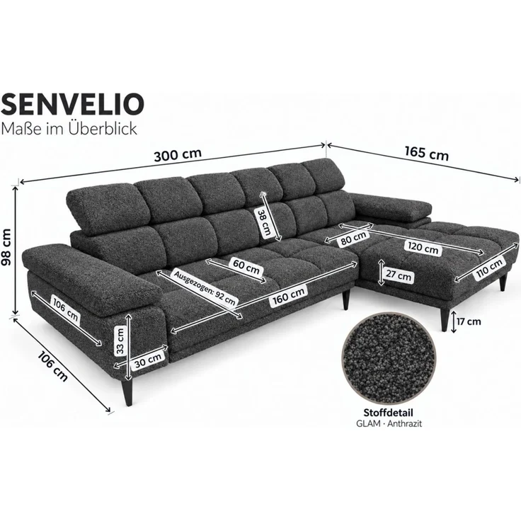 Ecksofa Schlafsofa SENVELIO RELAX inkl. Hocker Stoff Glam Anthrazit Ottomane Rechts – Bild 5