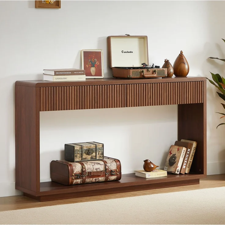 DESVIAE Sideboard Nussbaum aus Spanplatte/MDF – 150x85x35 cm – 2 Schubladen, offenes Ablagefach – Bild 6