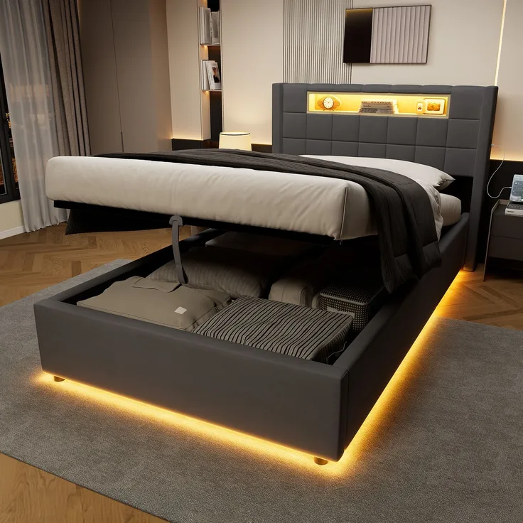Polsterbett 90x200 cm mit hydraulischem Stauraum, LED-Beleuchtung und USB-Anschlüssen – Ohne Matratze